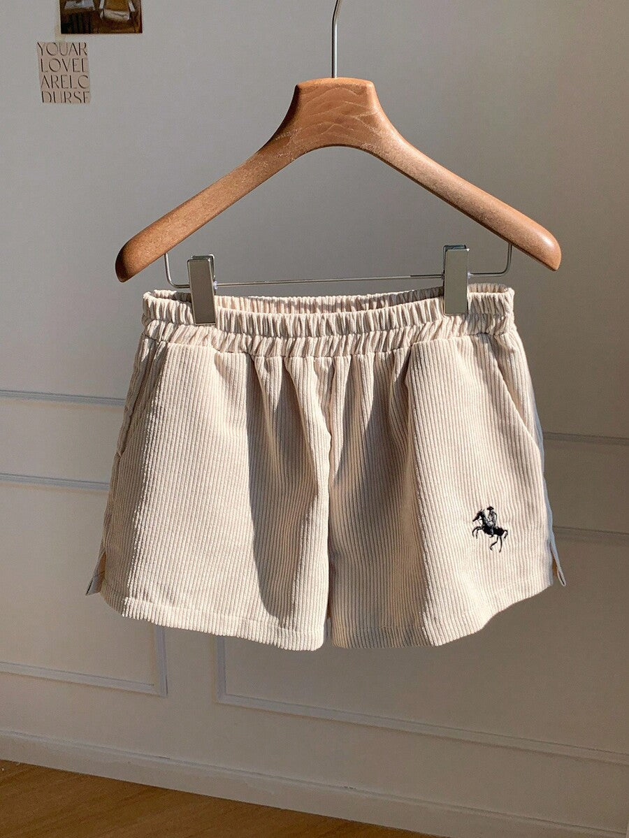 Women's Corduroy Shorts - Embroidered Casual Loose Fit Cotton Blend - Comfortable Everyday Wear & Relaxed Style for Spring/Autumn, Perfect for Casual Outings & Gift