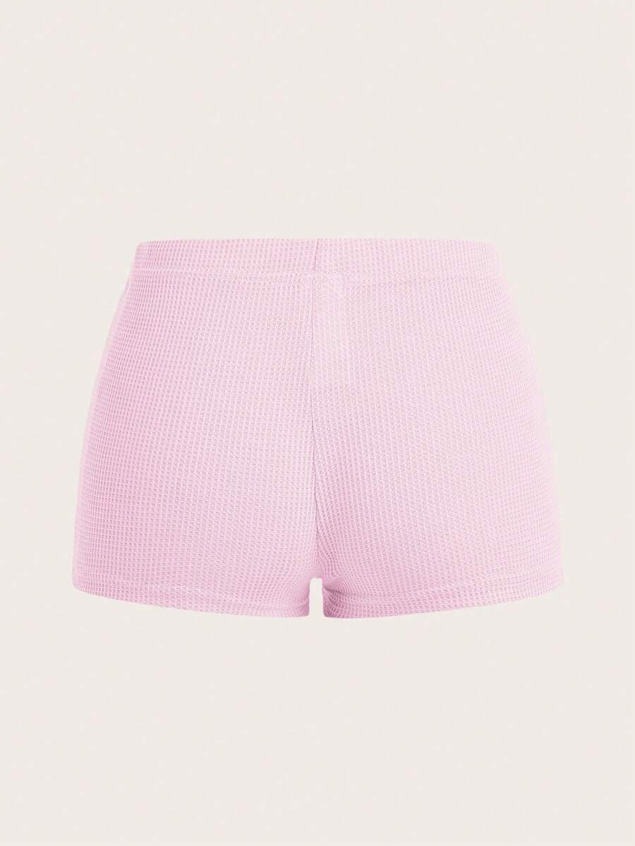 SHEIN ICON Letter Patched Button Detail Waffle Knit Black Shorts