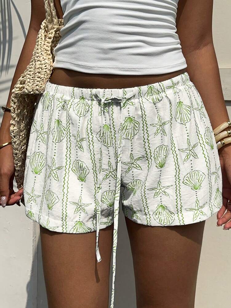 Aloruh Women's Resort Ocean Seashell & Starfish Striped Button Tied Waist Shorts For Spring/Summer