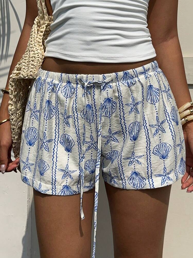 Aloruh Women's Resort Ocean Seashell & Starfish Striped Button Tied Waist Shorts For Spring/Summer