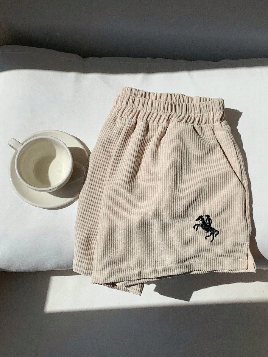 Women's Corduroy Shorts - Embroidered Casual Loose Fit Cotton Blend - Comfortable Everyday Wear & Relaxed Style for Spring/Autumn, Perfect for Casual Outings & Gift