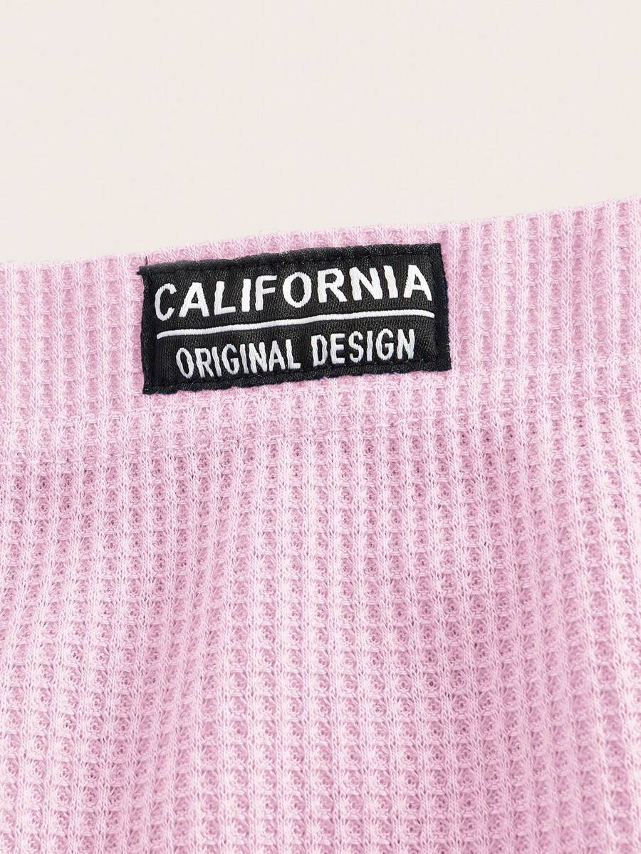 SHEIN ICON Letter Patched Button Detail Waffle Knit Black Shorts
