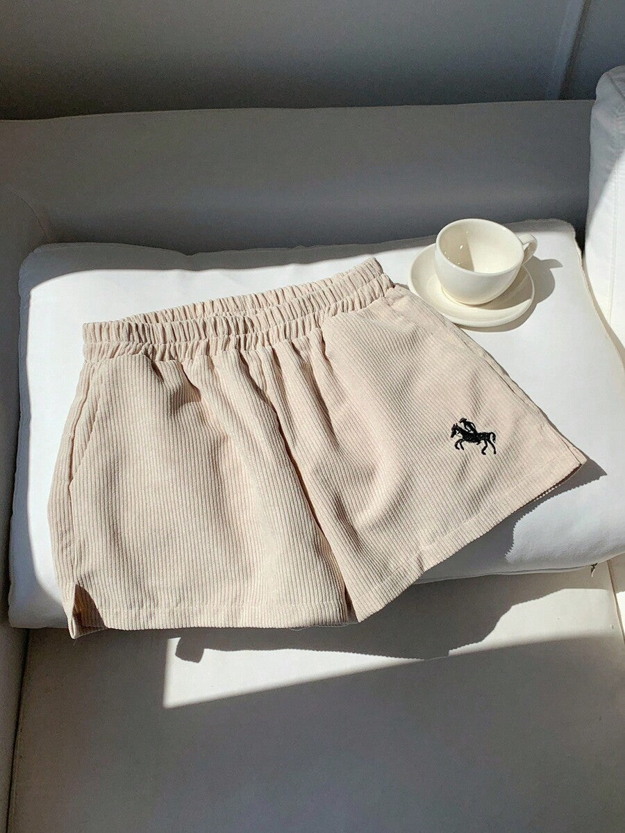 Women's Corduroy Shorts - Embroidered Casual Loose Fit Cotton Blend - Comfortable Everyday Wear & Relaxed Style for Spring/Autumn, Perfect for Casual Outings & Gift