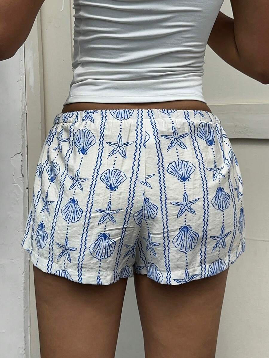 Aloruh Women's Resort Ocean Seashell & Starfish Striped Button Tied Waist Shorts For Spring/Summer