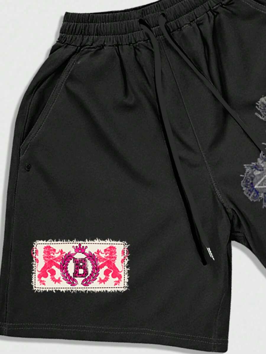 ROMWE MEN Anime Men's Printed Casual Shorts, Suitable For Spring/Summer