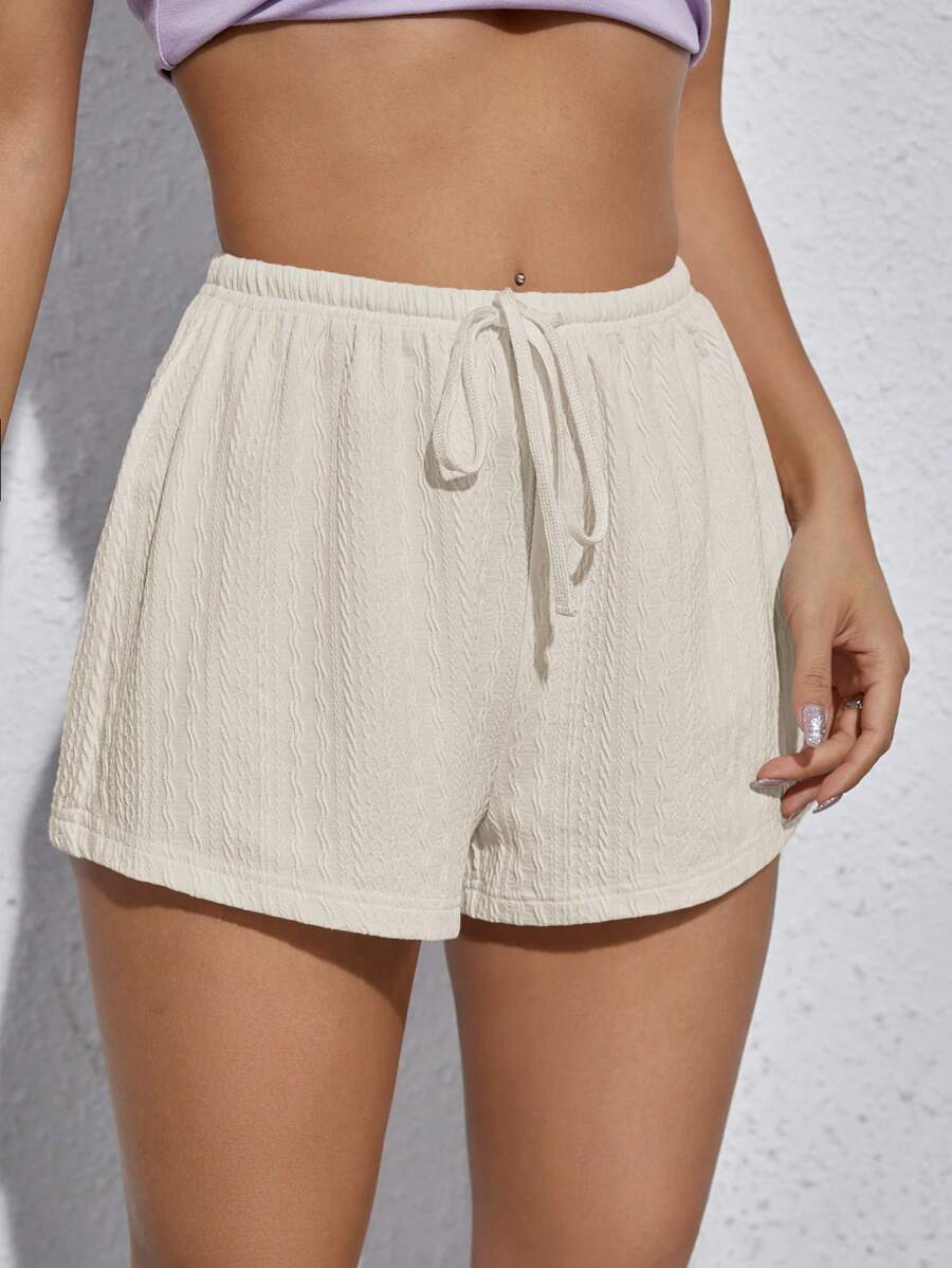 SHEIN EZwear Apricot Color Knitted Women Casual Loose Waist Tie Shorts
