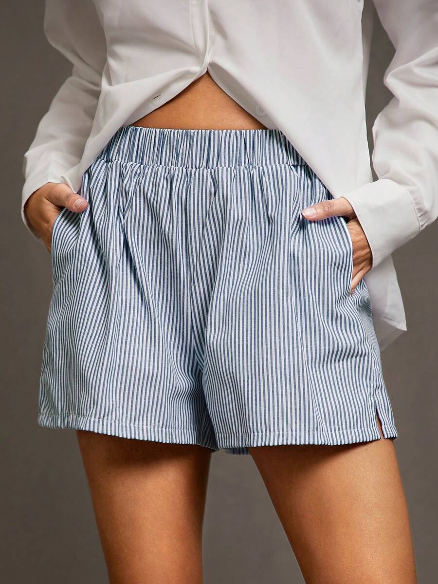 SHEIN Essnce Striped Print Slant Pocket Shorts