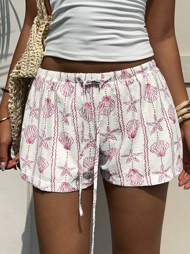 Aloruh Women's Resort Ocean Seashell & Starfish Striped Button Tied Waist Shorts For Spring/Summer