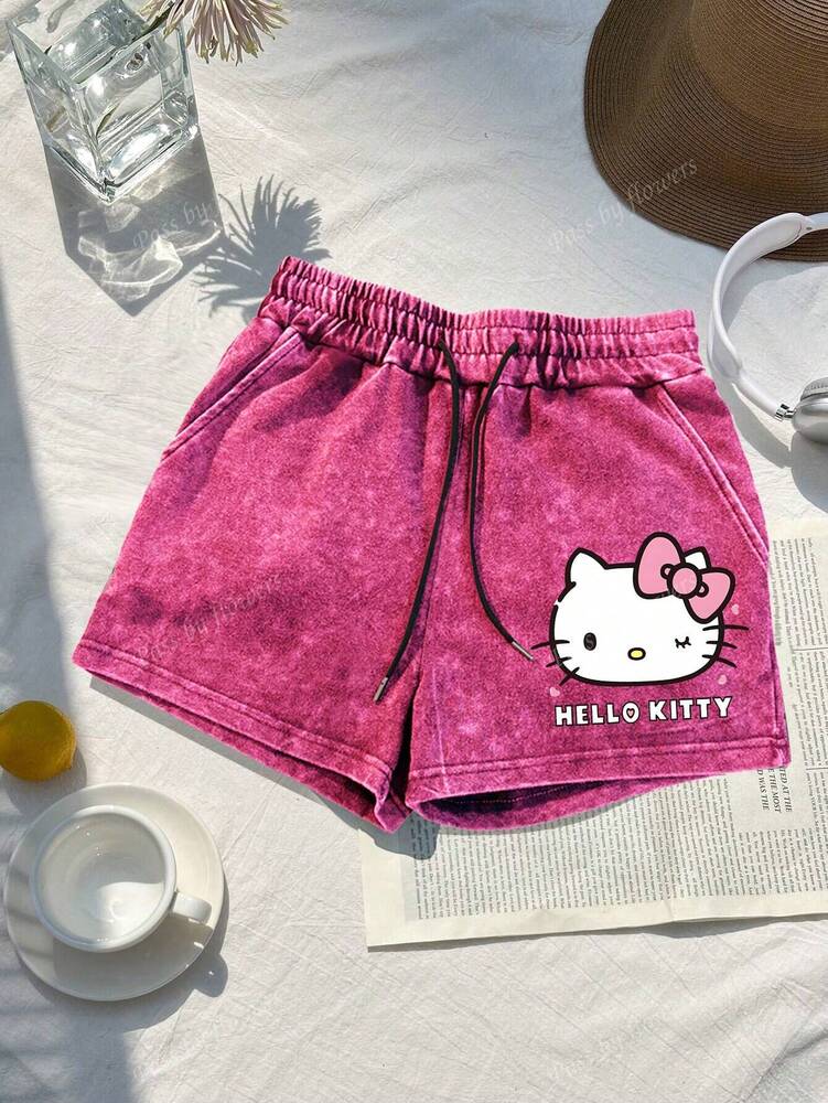 Sanrio Women's Casual "Hello Kitty" Print Drawstring Waist Sports Shorts – Summer Edition