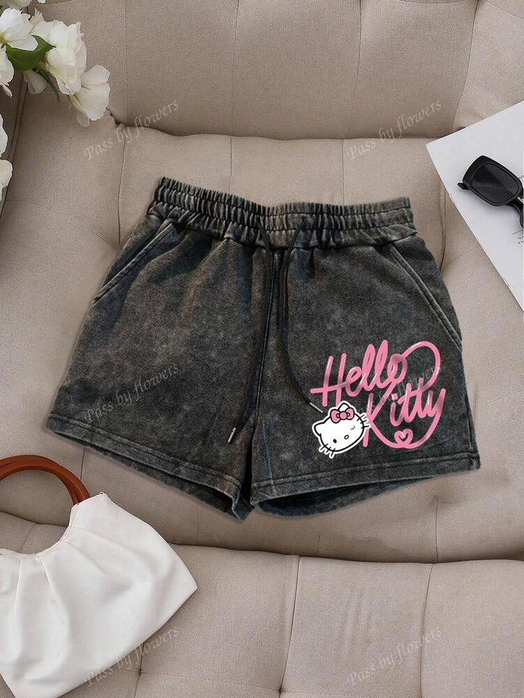 Sanrio Women's Cartoon Print Drawstring Waist Casual Shorts – Hello Kitty Snowflake Edition (Black)