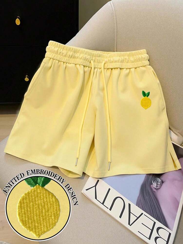 Resyla Women's Yellow Side Slit Shorts with Embroidered Lemon