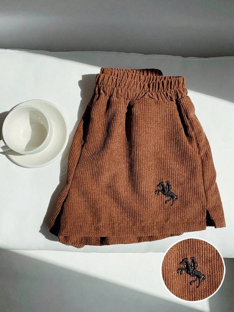 Women's Corduroy Shorts - Embroidered Casual Loose Fit Cotton Blend - Comfortable Everyday Wear & Relaxed Style for Spring/Autumn, Perfect for Casual Outings & Gift