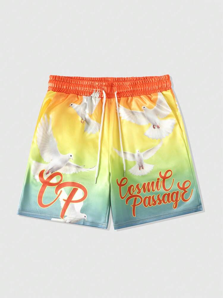 ROMWE MEN Goth Bird Number Print Shorts