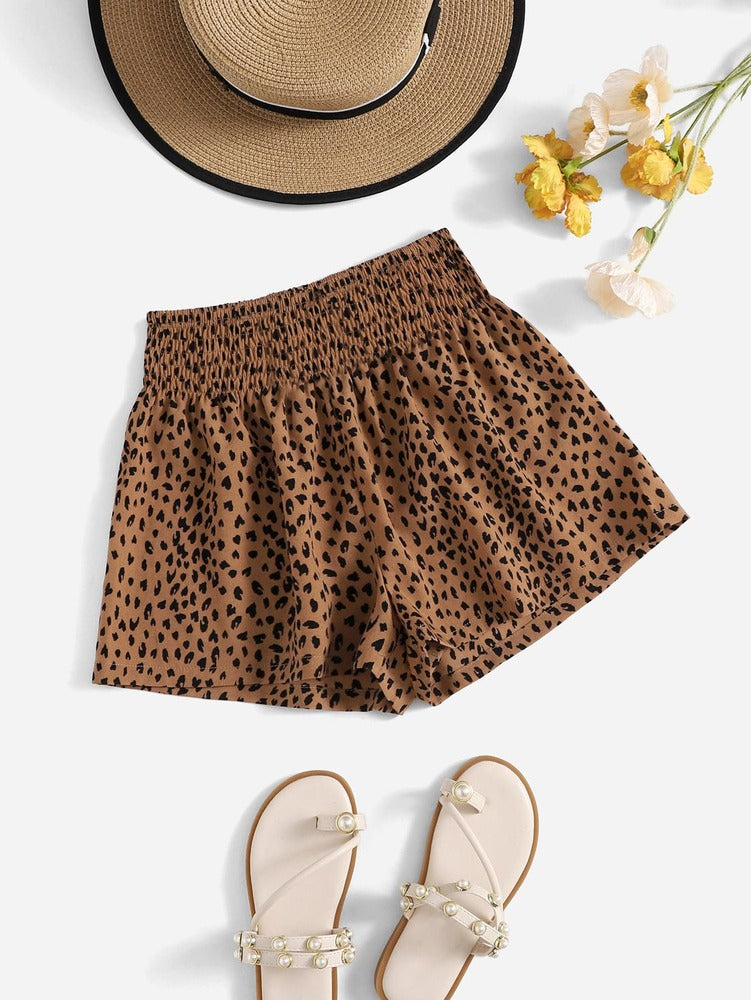 SHEIN VCAY Allover Print Shirred Waist Shorts