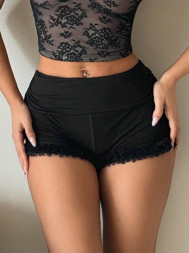 SHEIN ICON Y2K Sexy Crop Low Waist Foldover Ruched Ruffle Lace Trim Black Shorts