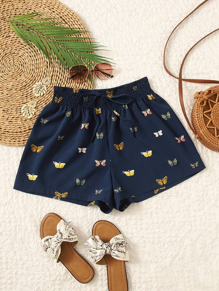 Butterfly Print Shorts - Shirred Waist, Lightweight Cotton Blend, Casual Summer Bottoms for Daily Wear, Beach, and Vacation - Available in Multiple Sizes