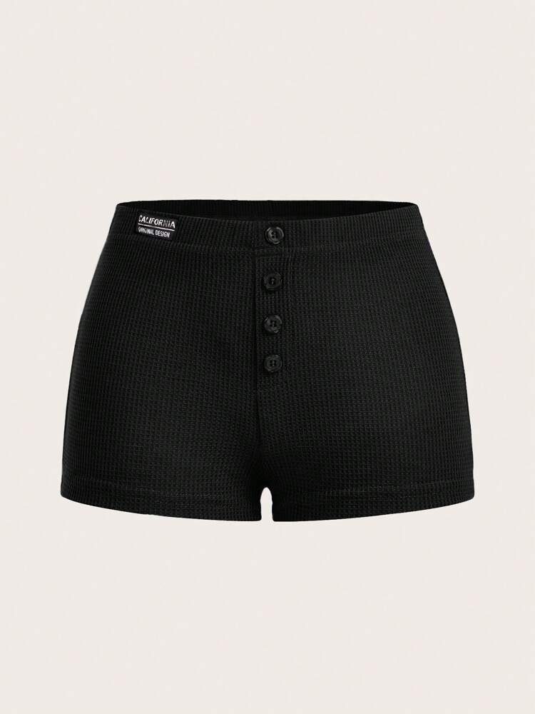 SHEIN ICON Letter Patched Button Detail Waffle Knit Black Shorts