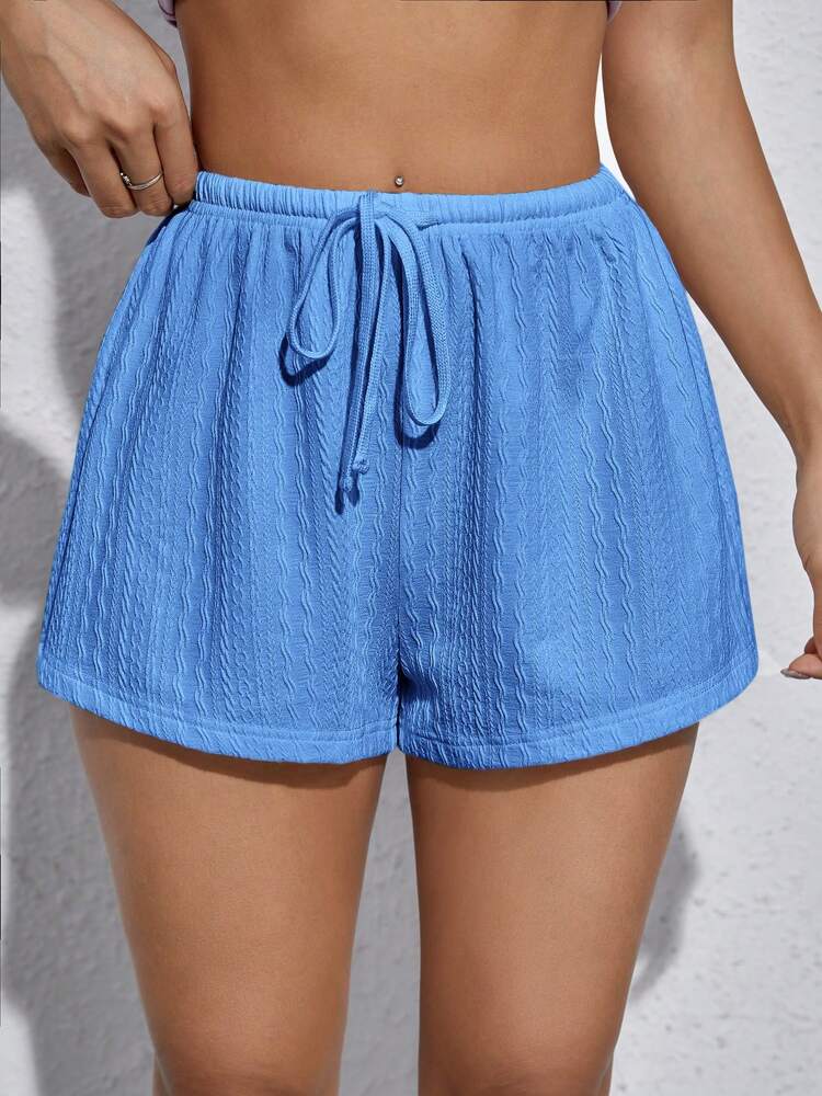 SHEIN EZwear Apricot Color Knitted Women Casual Loose Waist Tie Shorts