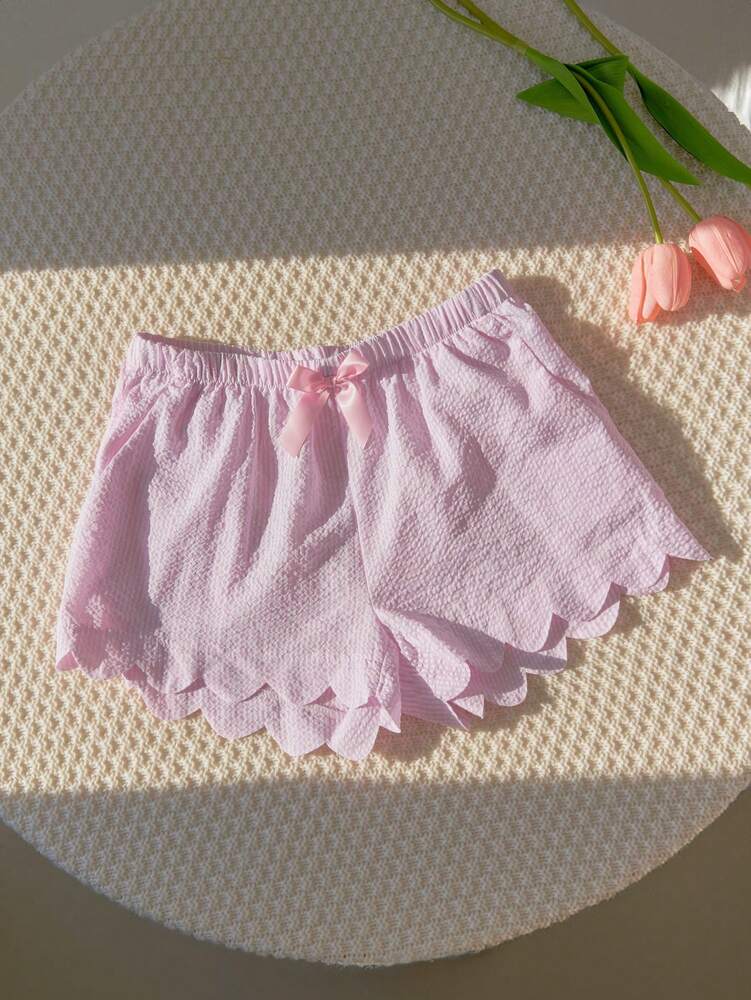 Elamini Pink & White Striped Bubble Textured Fabric, Bowknot Trim Irregular Shell Shape Patch Pockets, Loose Super Short Pants