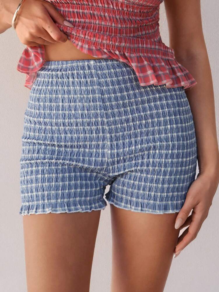 Roylia Women's Low Waist Small Plaid Pleated Ruffle Hem Cute & Romantic Shorts