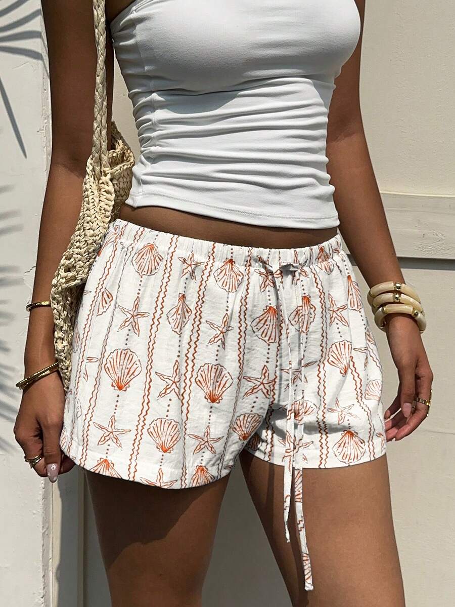 Aloruh Women's Resort Ocean Seashell & Starfish Striped Button Tied Waist Shorts For Spring/Summer