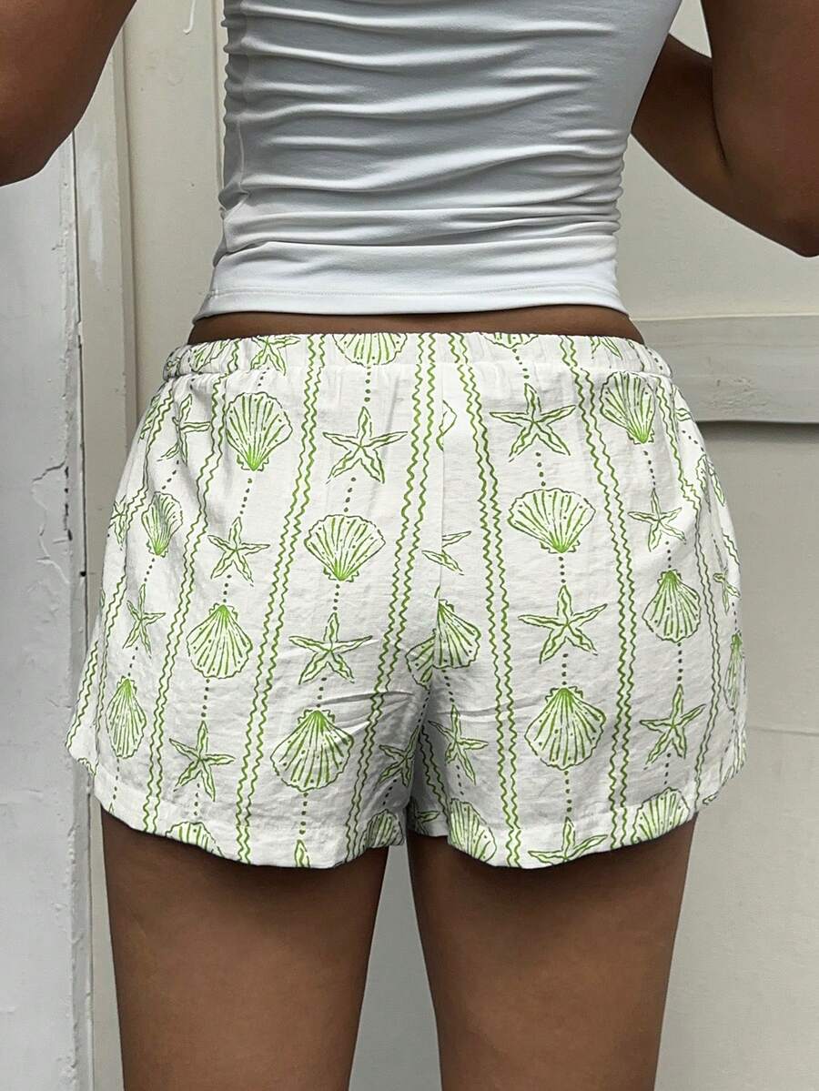 Aloruh Women's Resort Ocean Seashell & Starfish Striped Button Tied Waist Shorts For Spring/Summer