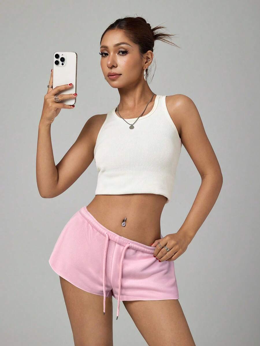 SHEIN PETITE Women's Solid Color Elastic Waist Loose Casual Micro Shorts – Grey