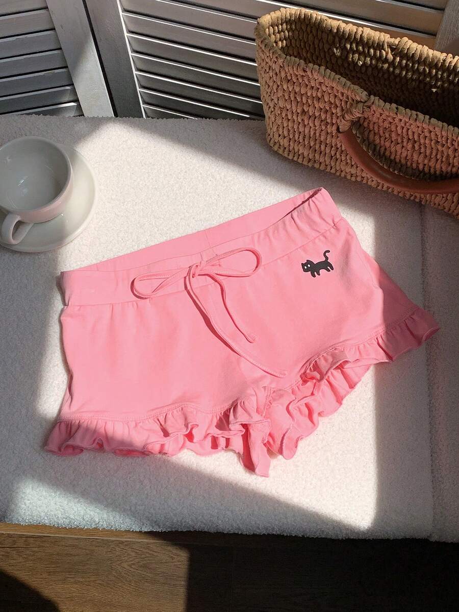 Comfortcana Women's Cat Print Drawstring Waist Casual Versatile Shorts