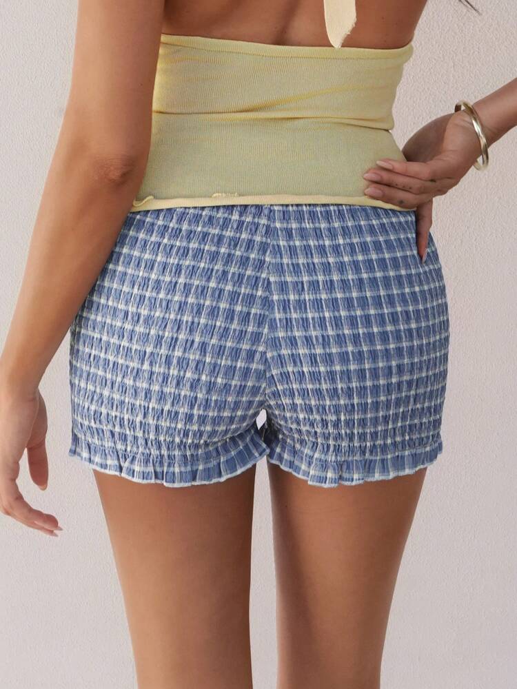 Roylia Women's Low Waist Small Plaid Pleated Ruffle Hem Cute & Romantic Shorts
