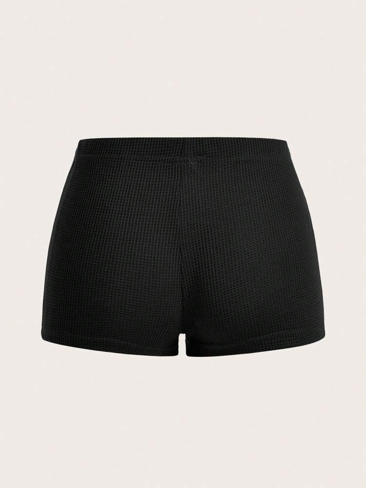 SHEIN ICON Letter Patched Button Detail Waffle Knit Black Shorts