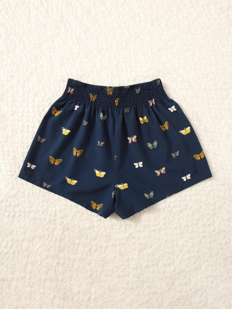 Butterfly Print Shorts - Shirred Waist, Lightweight Cotton Blend, Casual Summer Bottoms for Daily Wear, Beach, and Vacation - Available in Multiple Sizes