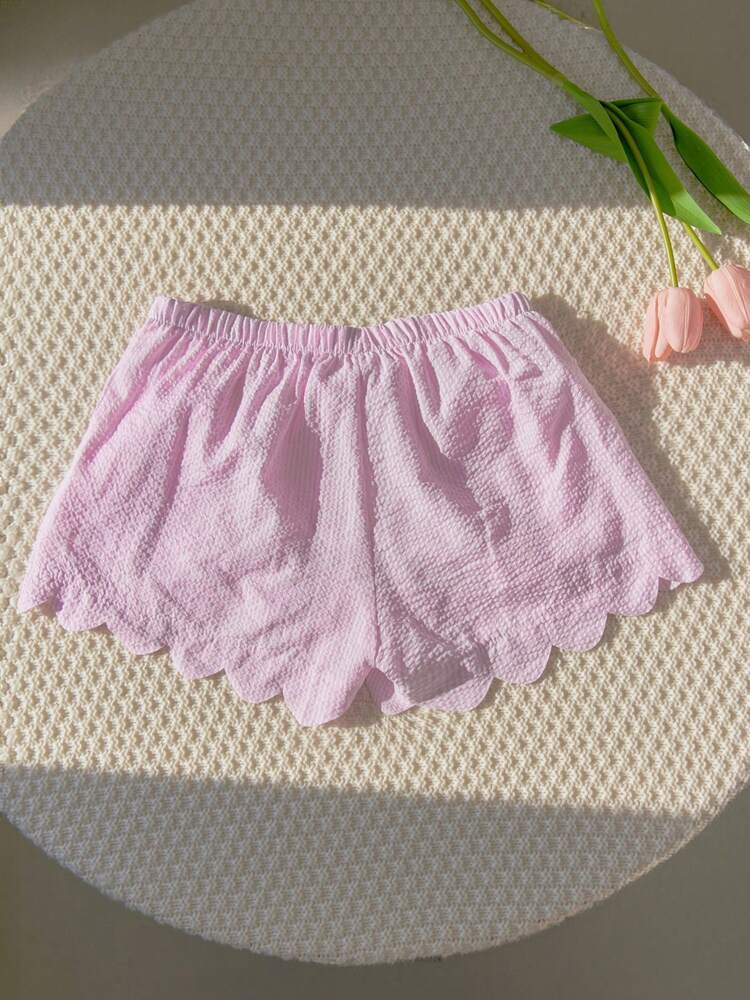 Elamini Pink & White Striped Bubble Textured Fabric, Bowknot Trim Irregular Shell Shape Patch Pockets, Loose Super Short Pants