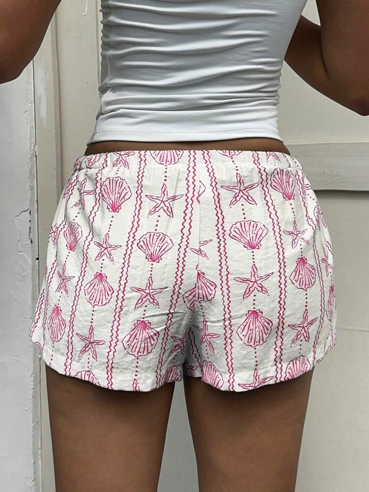 Aloruh Women's Resort Ocean Seashell & Starfish Striped Button Tied Waist Shorts For Spring/Summer