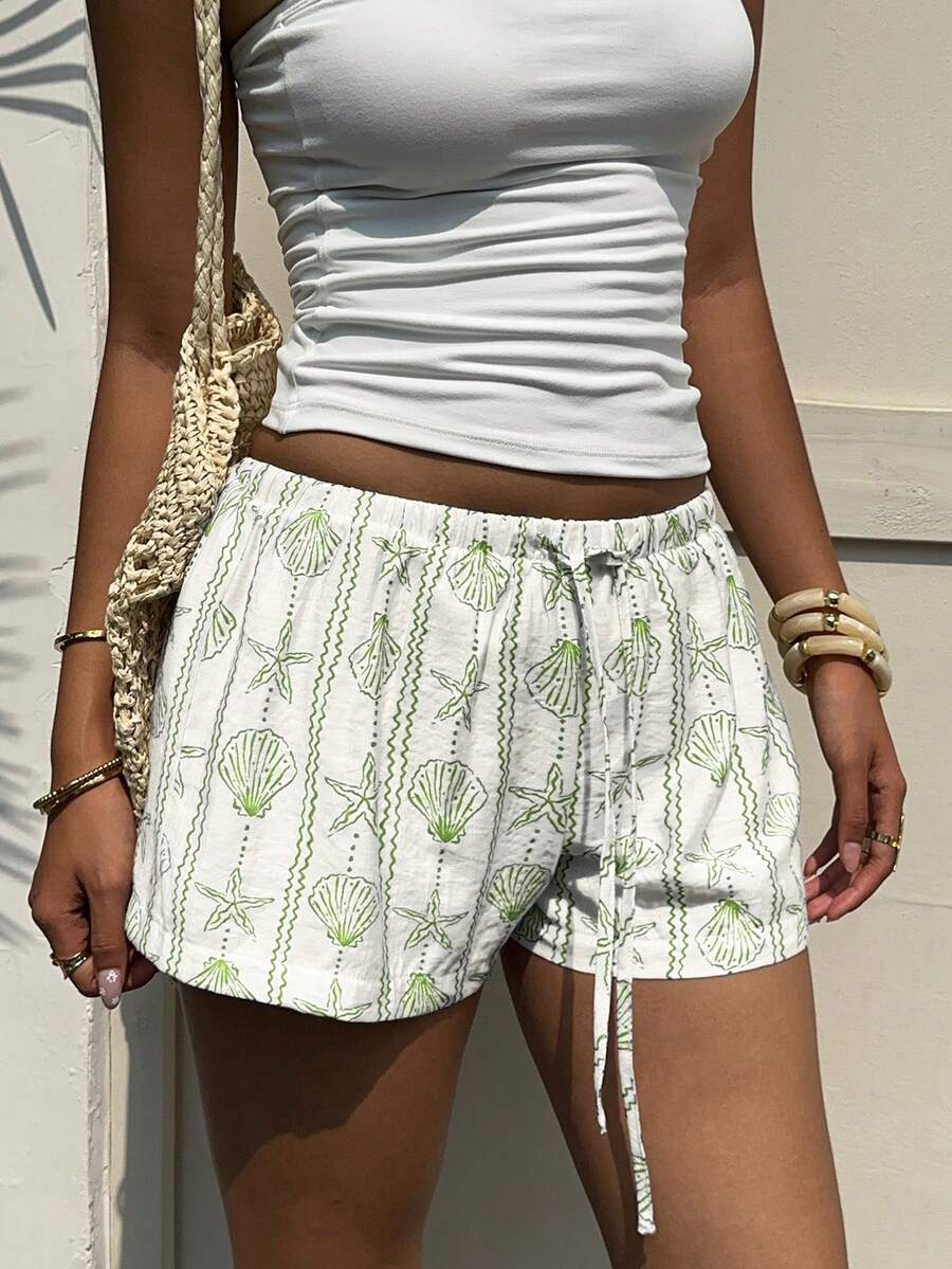 Aloruh Women's Resort Ocean Seashell & Starfish Striped Button Tied Waist Shorts For Spring/Summer