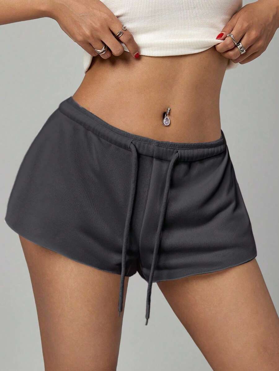 SHEIN PETITE Women's Solid Color Elastic Waist Loose Casual Micro Shorts – Grey