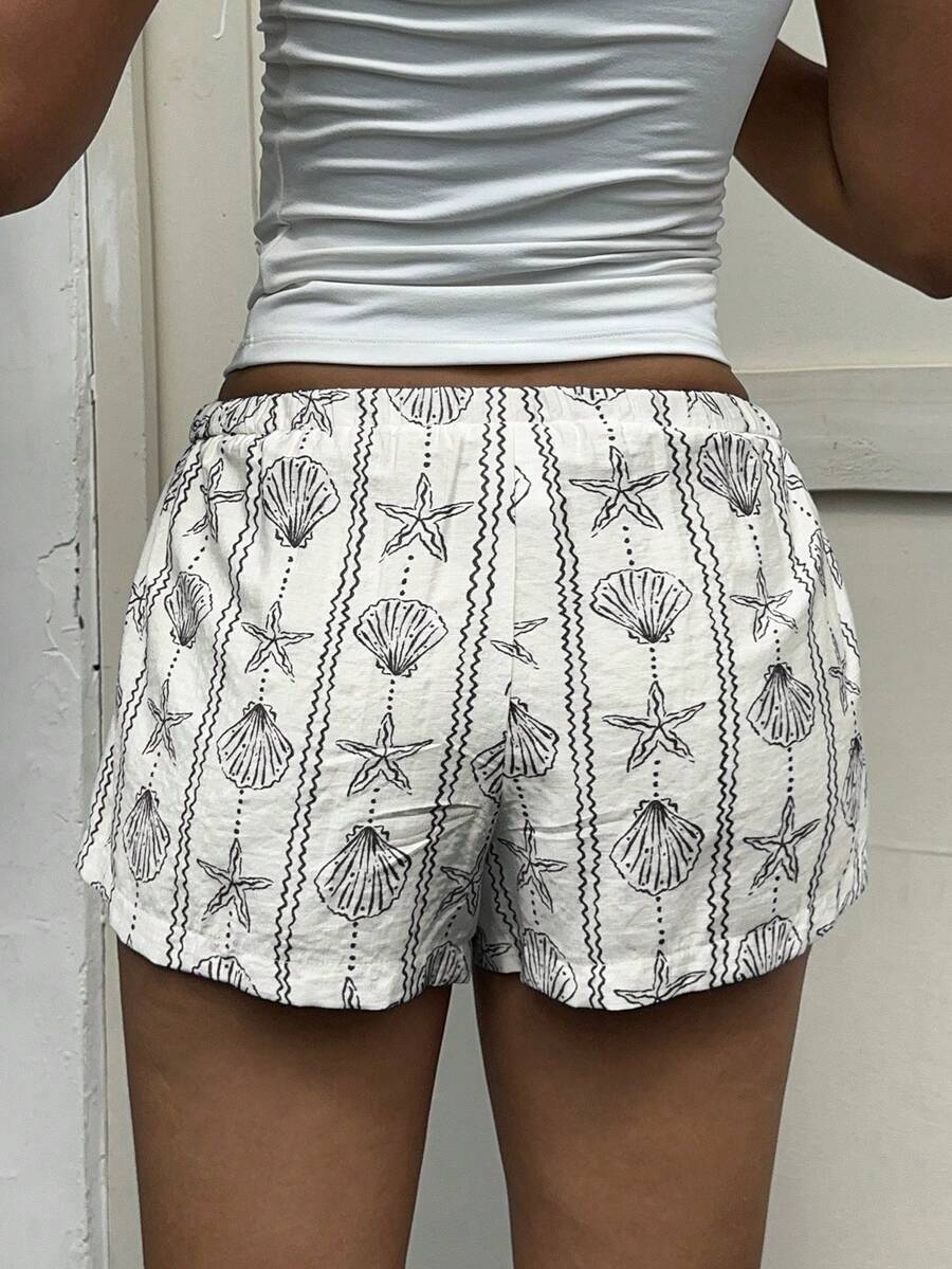 Aloruh Women's Resort Ocean Seashell & Starfish Striped Button Tied Waist Shorts For Spring/Summer