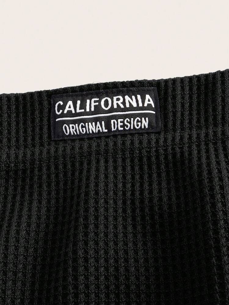 SHEIN ICON Letter Patched Button Detail Waffle Knit Black Shorts