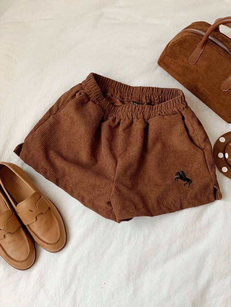 Women's Corduroy Shorts - Embroidered Casual Loose Fit Cotton Blend - Comfortable Everyday Wear & Relaxed Style for Spring/Autumn, Perfect for Casual Outings & Gift