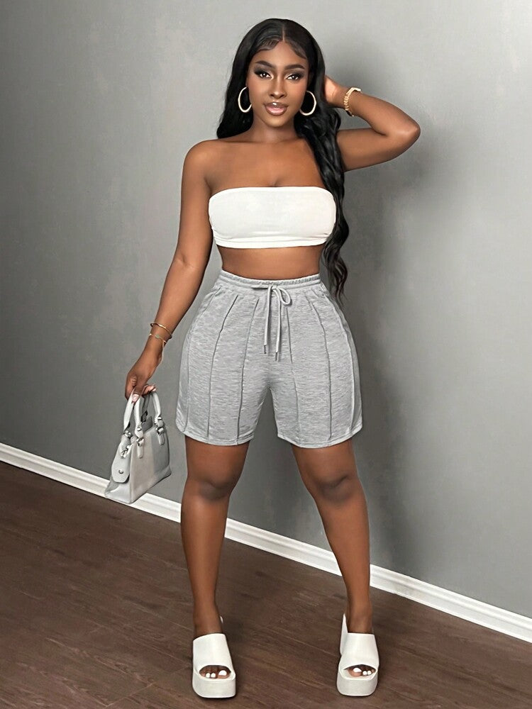 Slaydiva Summer Casual Sports Front Pleated Drawstring Shorts – Light Grey