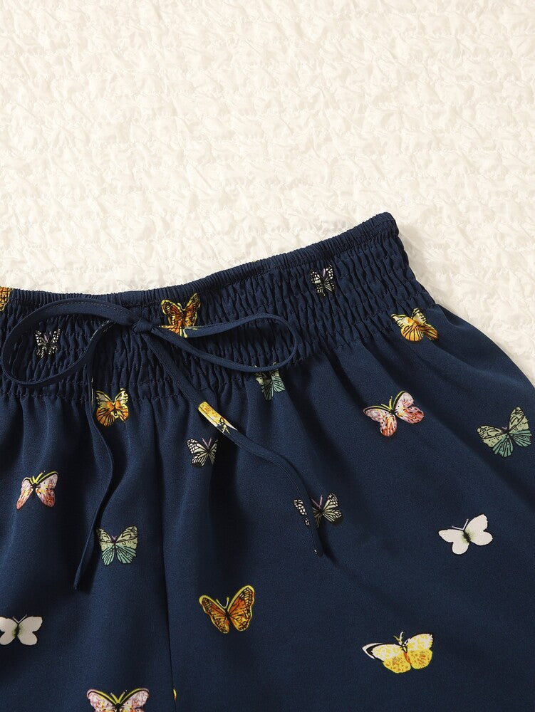 Butterfly Print Shorts - Shirred Waist, Lightweight Cotton Blend, Casual Summer Bottoms for Daily Wear, Beach, and Vacation - Available in Multiple Sizes
