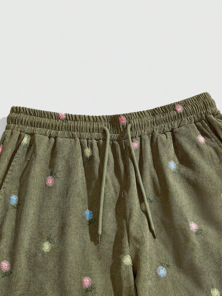 ROMWE MEN Street Life Men's Floral Embroidery Casual Shorts