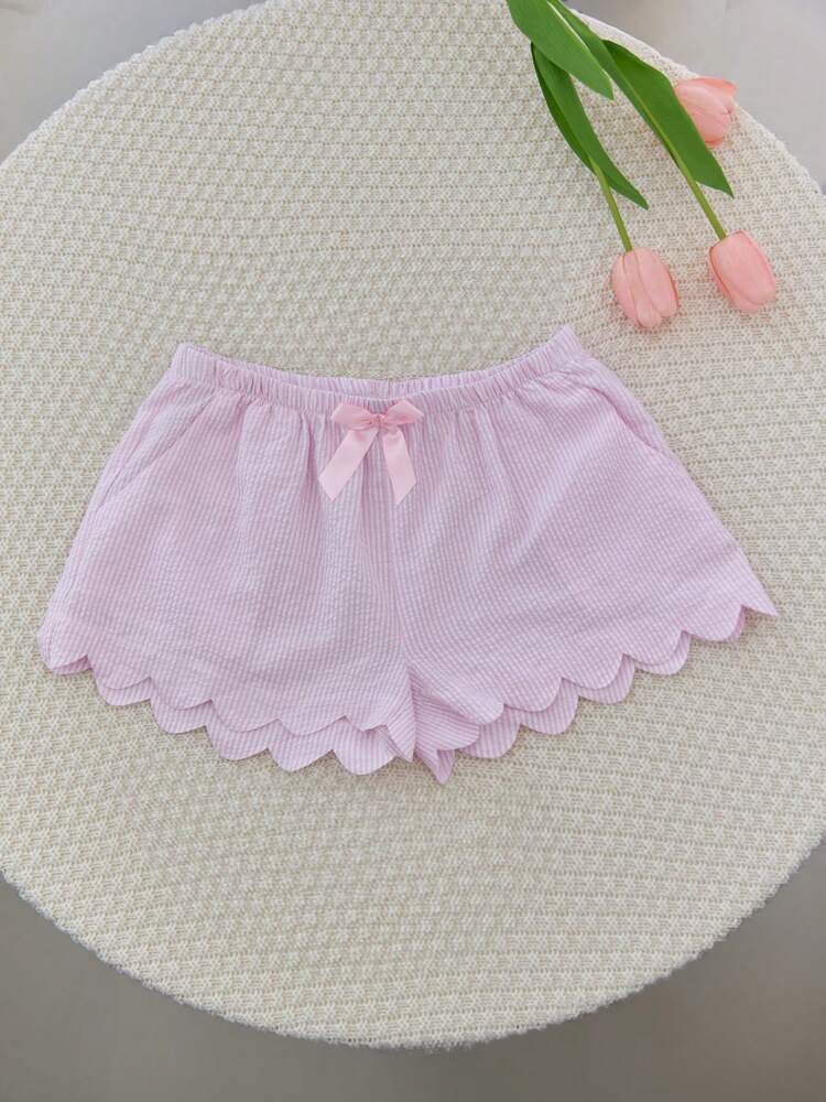Elamini Pink & White Striped Bubble Textured Fabric, Bowknot Trim Irregular Shell Shape Patch Pockets, Loose Super Short Pants