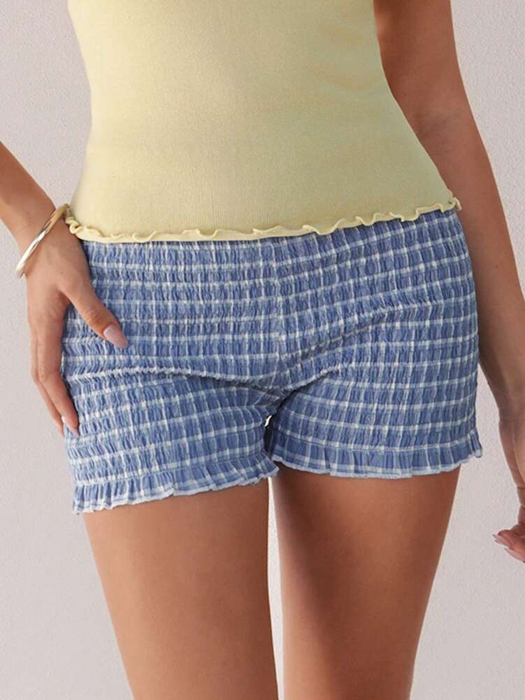 Roylia Women's Low Waist Small Plaid Pleated Ruffle Hem Cute & Romantic Shorts