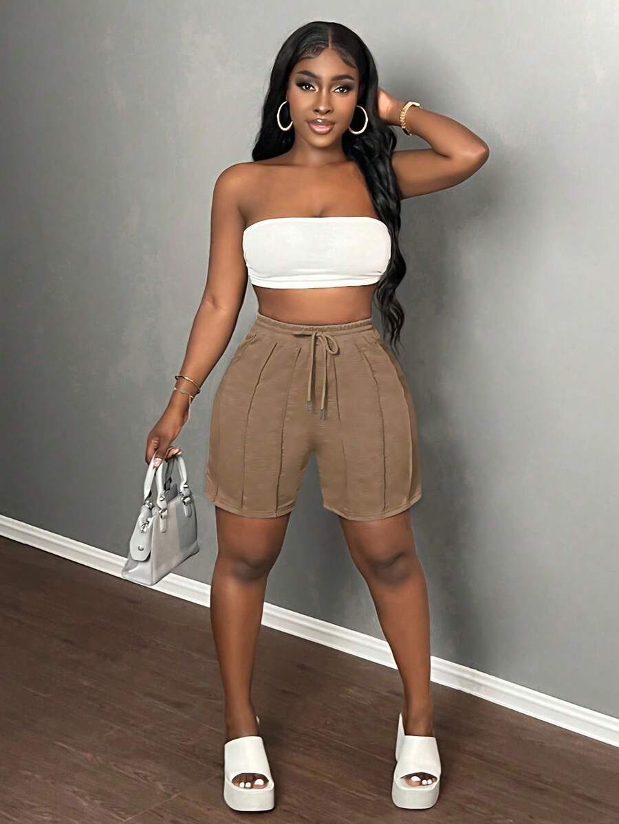 Slaydiva Summer Casual Sports Front Pleated Drawstring Shorts – Light Grey