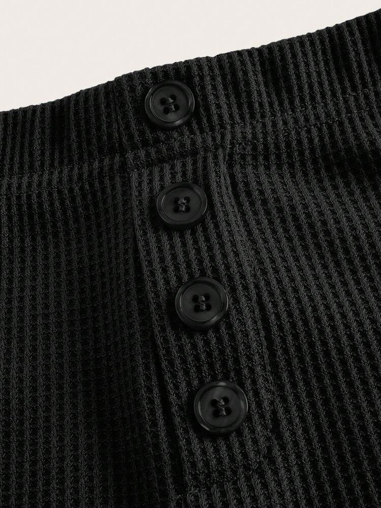 SHEIN ICON Letter Patched Button Detail Waffle Knit Black Shorts
