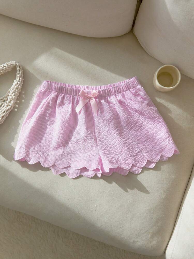 Elamini Pink & White Striped Bubble Textured Fabric, Bowknot Trim Irregular Shell Shape Patch Pockets, Loose Super Short Pants
