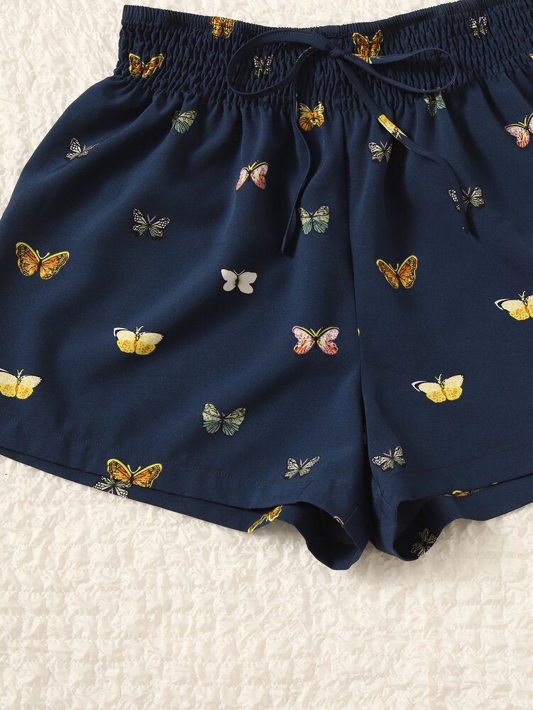 Butterfly Print Shorts - Shirred Waist, Lightweight Cotton Blend, Casual Summer Bottoms for Daily Wear, Beach, and Vacation - Available in Multiple Sizes