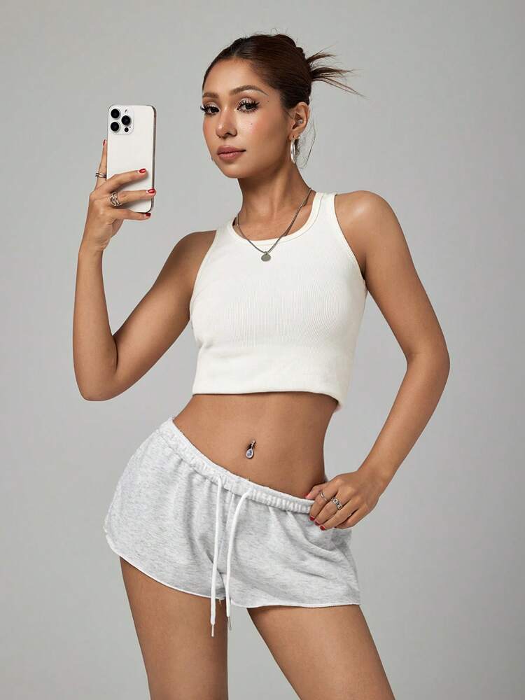SHEIN PETITE Women's Solid Color Elastic Waist Loose Casual Micro Shorts – Grey