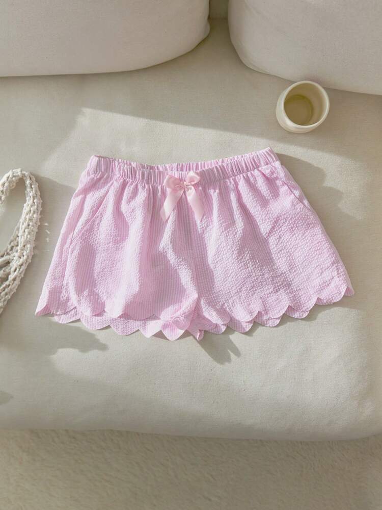 Elamini Pink & White Striped Bubble Textured Fabric, Bowknot Trim Irregular Shell Shape Patch Pockets, Loose Super Short Pants