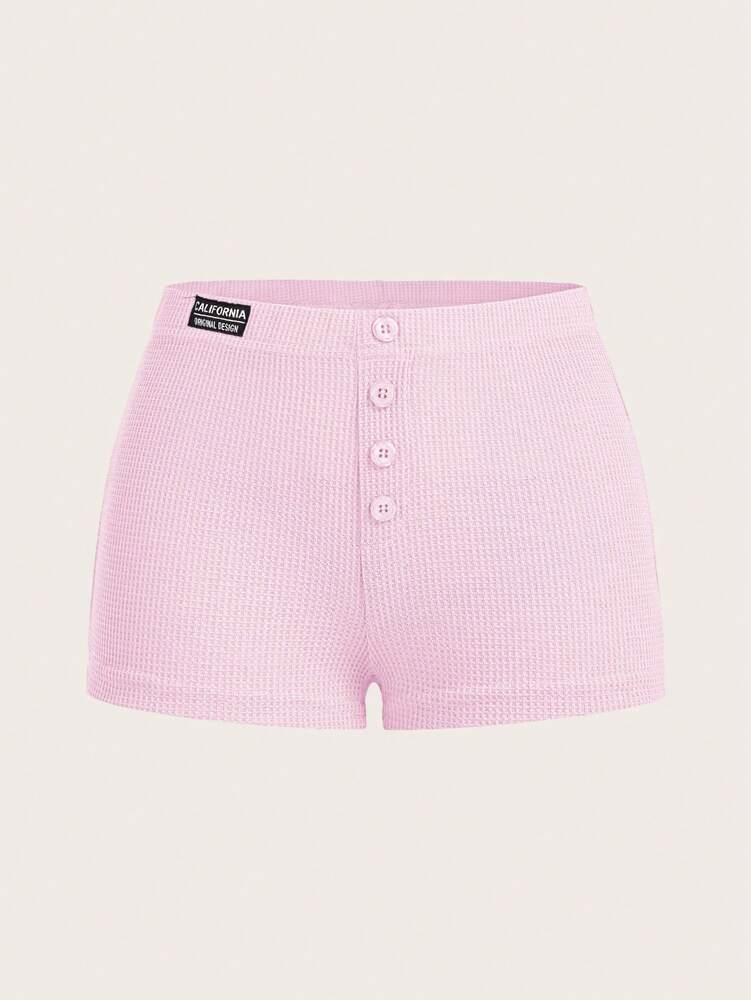 SHEIN ICON Letter Patched Button Detail Waffle Knit Black Shorts